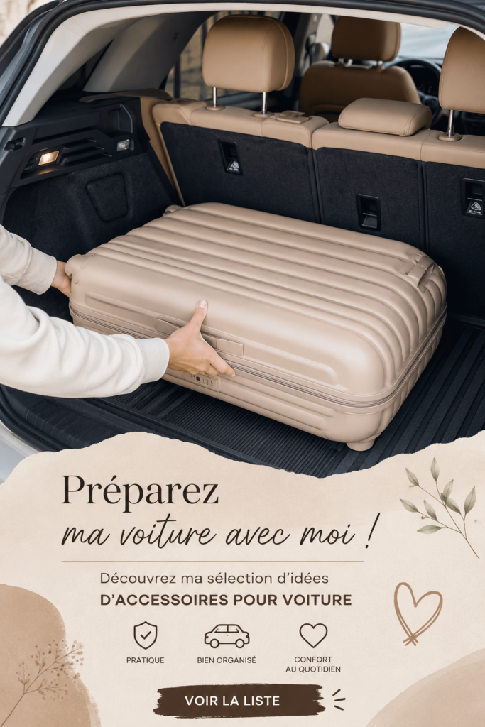 Accessoires variés pour voiture sur une surface en bois, montrant des coussins et organisateurs.