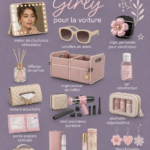 Essentiels girly pour voiture affichés sur une table, incluant des accessoires décoratifs et pratiques.