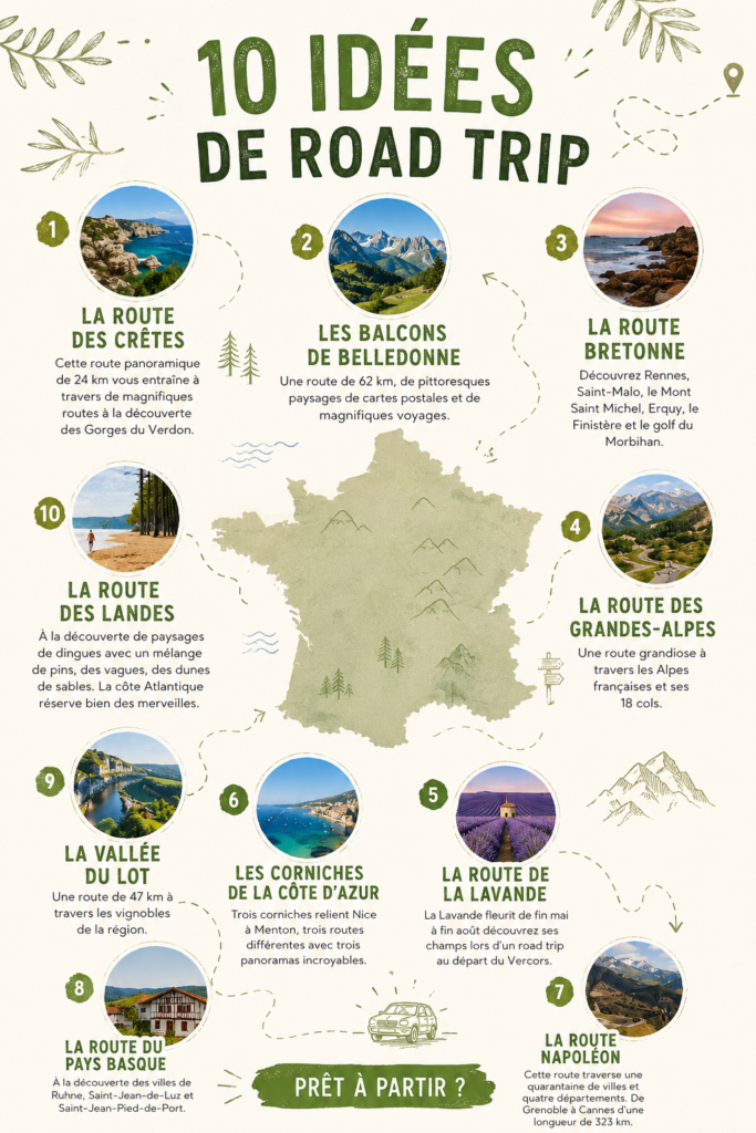 Une route zigzagante à travers des paysages montagneux, représentant une idée de road trip en famille.
