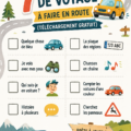 Une famille joue à des jeux de route pendant un trajet en voiture, sourires aux lèvres.