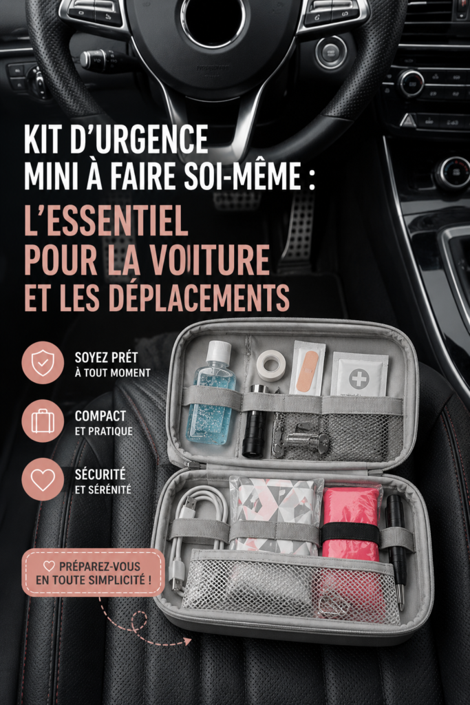 Un mini kit d'urgence pour voiture, prêt à être utilisé en cas de besoin, avec divers articles de sécurité.