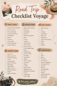 Checklist pour préparer son road trip, incluant des éléments pratiques.
