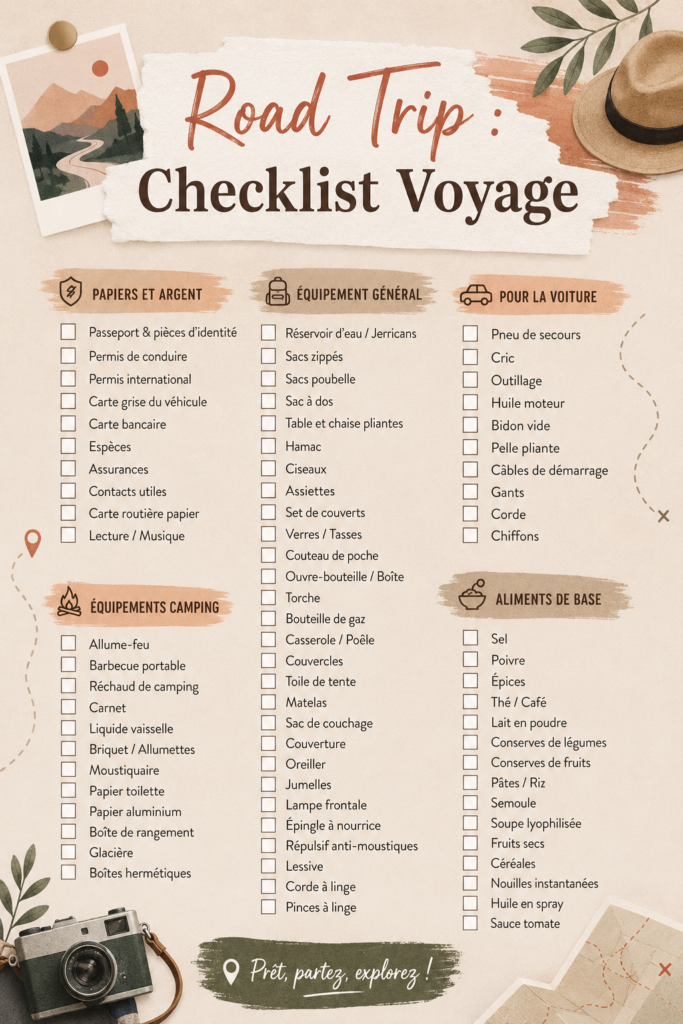 Checklist pour préparer son road trip, incluant des éléments pratiques.