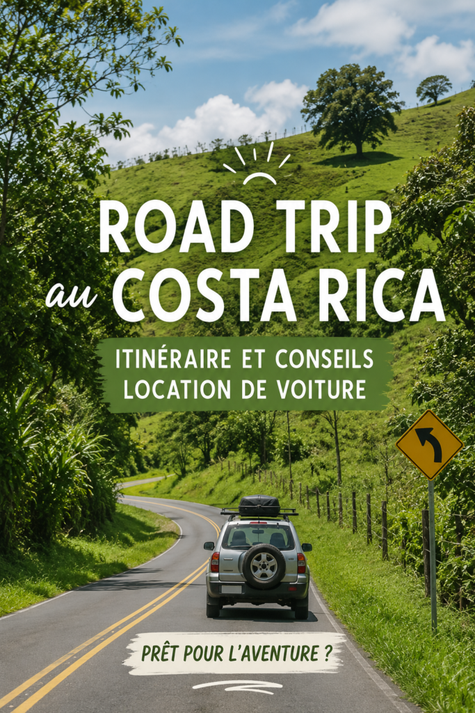 Un véhicule sur une route panoramique au Costa Rica, entouré de nature luxuriante.