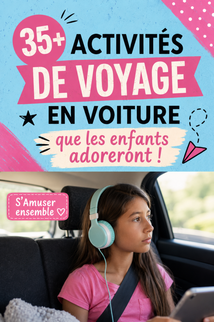 Un groupe d'enfants souriants jouant dans une voiture pendant un road trip en famille.