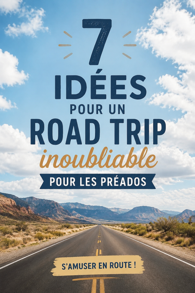 Une famille souriante en route pour un road trip avec leur enfant pré-adolescent.
