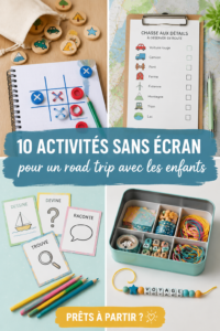 Famille riant ensemble en jouant à des jeux pendant un road trip sans écran.