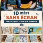 Une famille souriante en train de jouer à des jeux pendant un long trajet en voiture.