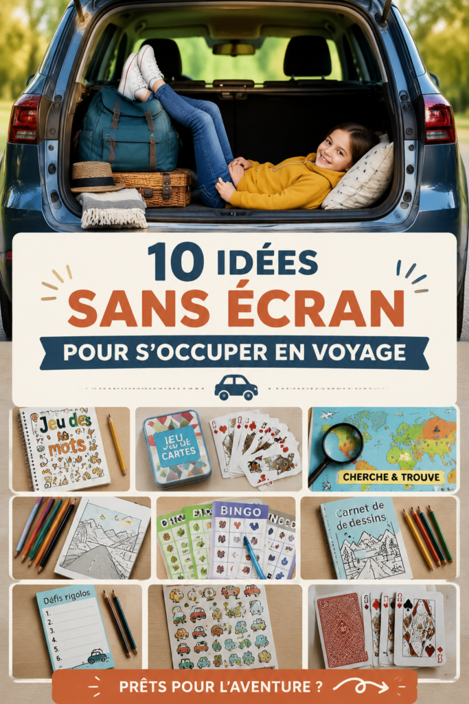 Une famille souriante en train de jouer à des jeux pendant un long trajet en voiture.