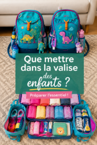 Une mère prépare des bagages avec des vêtements pour enfants en vue d'un voyage multi-saisons.
