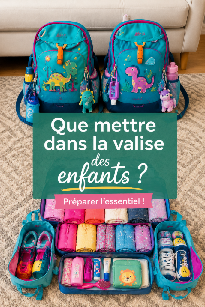 Une mère prépare des bagages avec des vêtements pour enfants en vue d'un voyage multi-saisons.