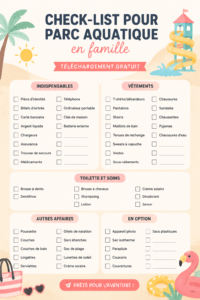 Une famille heureuse prête pour une journée au parc aquatique avec leur checklist.