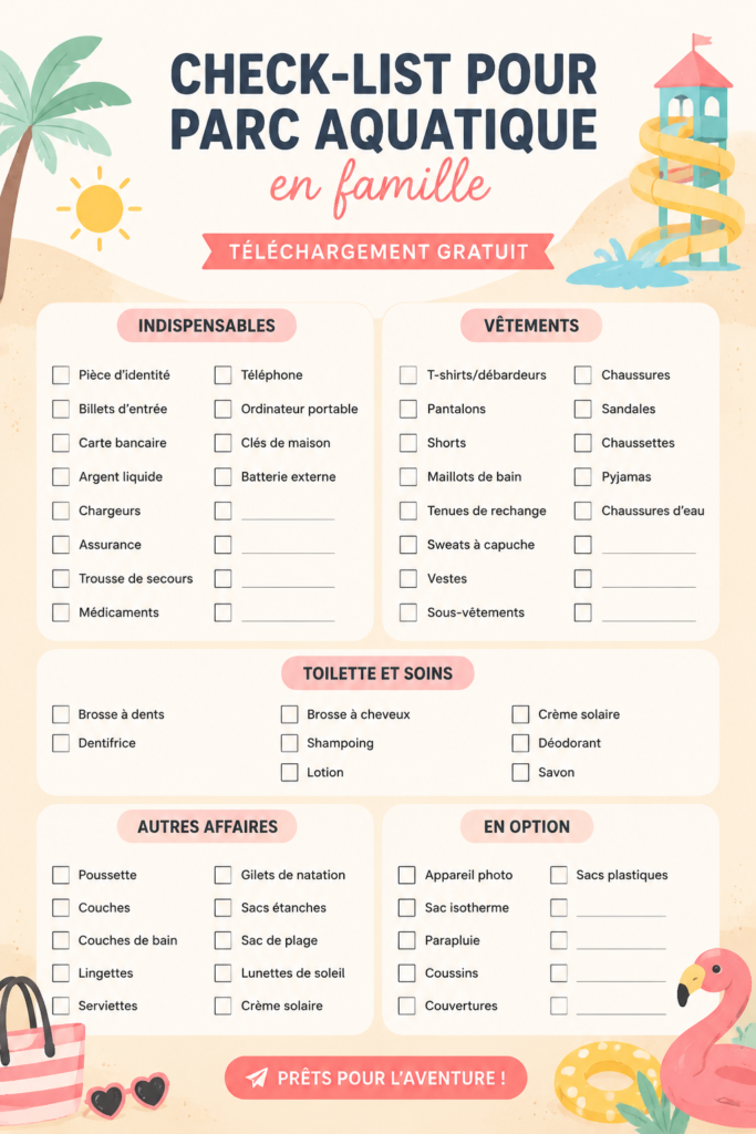 Une famille heureuse prête pour une journée au parc aquatique avec leur checklist.