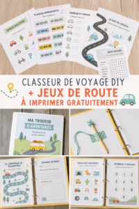 Classeur de voyage DIY pour enfants avec jeux imprimables et décorations colorées.