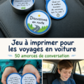 Famille jouant à des jeux de conversation dans la voiture lors d'un road trip.