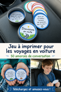 Famille jouant à des jeux de conversation dans la voiture lors d'un road trip.