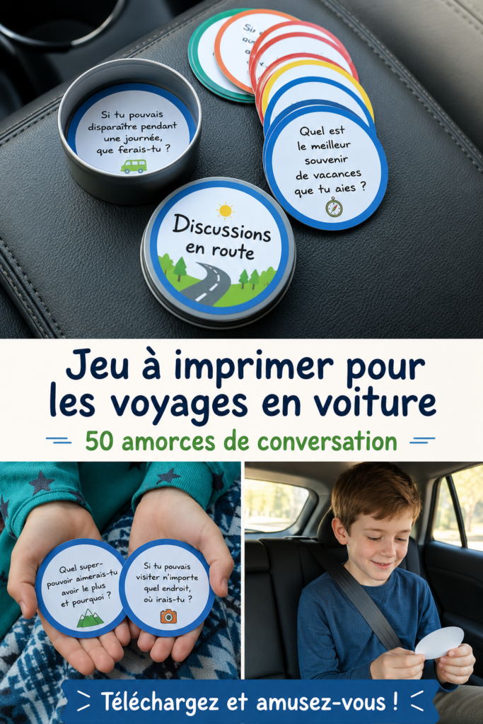 Famille jouant à des jeux de conversation dans la voiture lors d'un road trip.