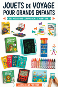 Un enfant joue avec des jouets de voyage dans une voiture