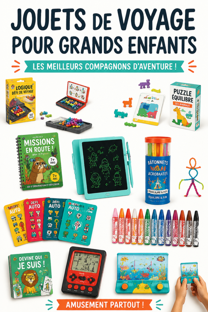 Un enfant joue avec des jouets de voyage dans une voiture