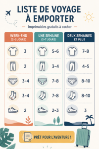 Checklist de voyage imprimable avec des essentiels pour des vacances réussies.