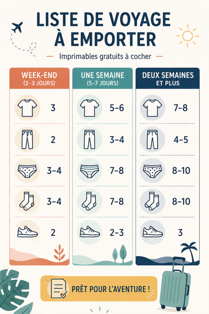 Checklist de voyage imprimable avec des essentiels pour des vacances réussies.