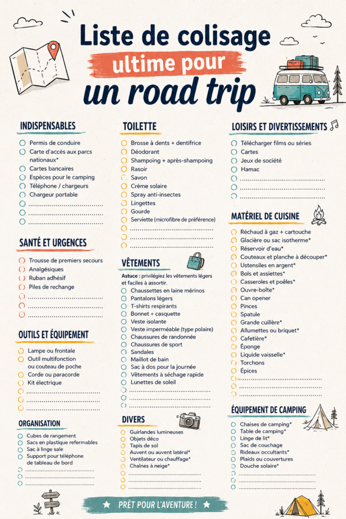 Vue d'une valise ouverte avec des vêtements et équipements de voyage.