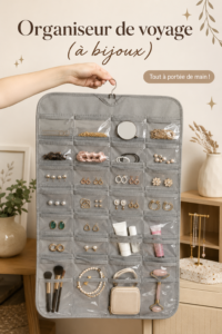 Une trousse de voyage bien organisée avec des bijoux soigneusement rangés.