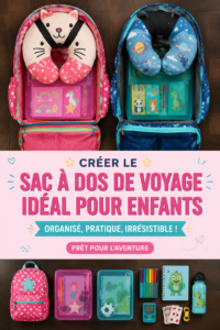 Un sac à dos coloré d'enfant préparé pour le voyage, avec des jouets et des collations à l'intérieur