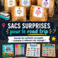 Sacs surprises colorés préparés pour un road trip avec des jouets et activités pour enfants.