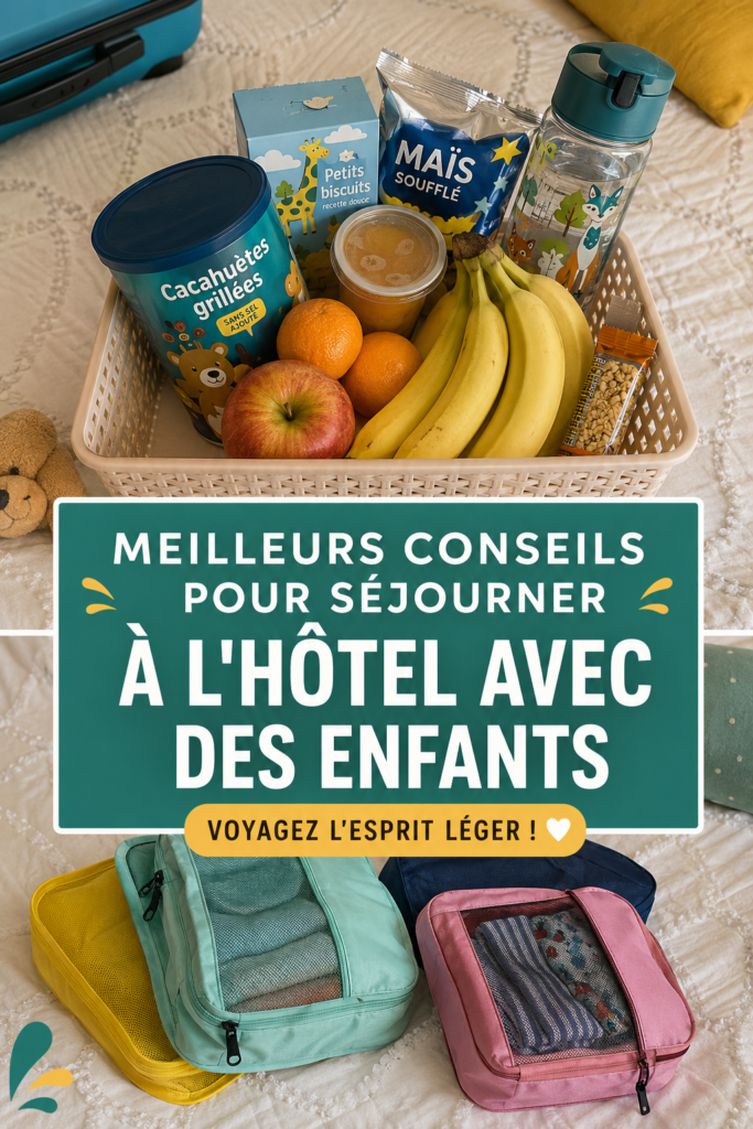 Une famille heureuse en vacances à l'hôtel avec des enfants qui s'amusent.