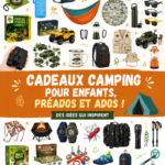 Un enfant souriant avec un sac de camping sur le dos lors d'une sortie en plein air.