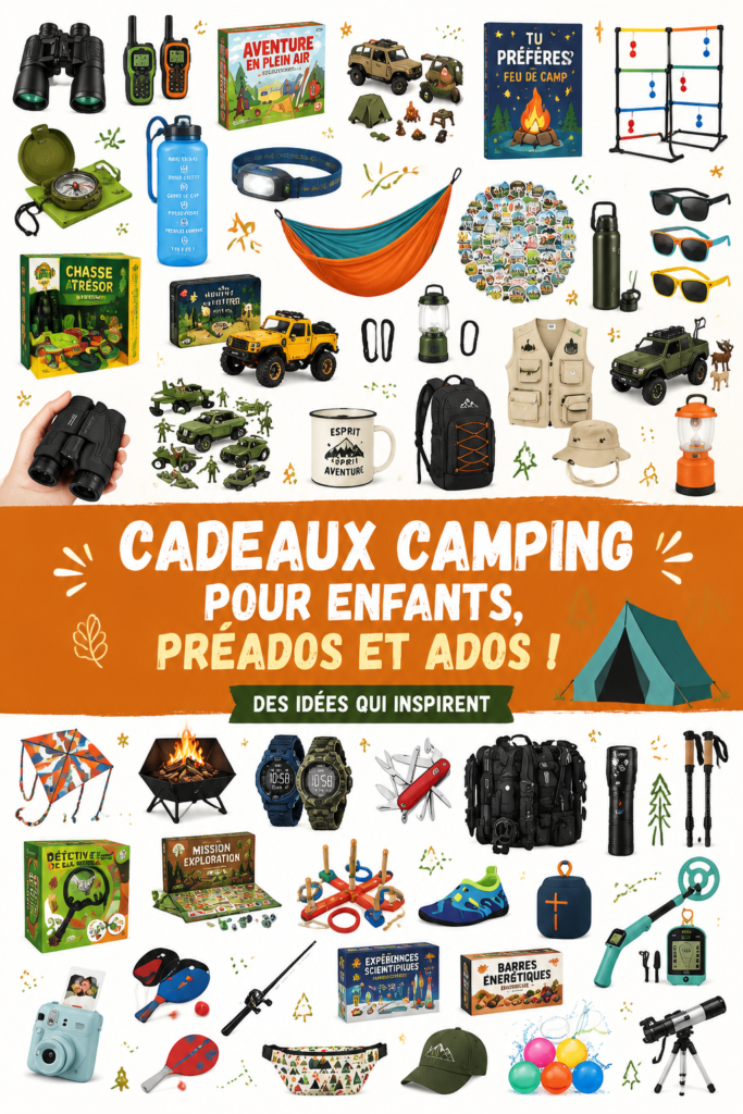 Un enfant souriant avec un sac de camping sur le dos lors d'une sortie en plein air.