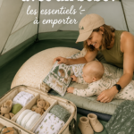 Une famille installant une tente de camping avec un bébé à leur côté dans un parc naturel.