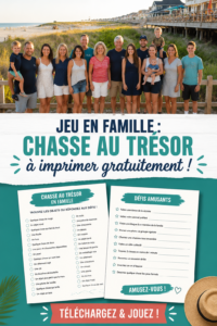 Illustration d'une chasse au trésor familiale avec des enfants et des parents.