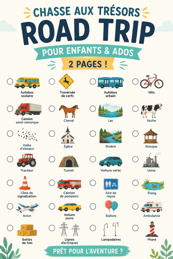 Chasse au trésor en voiture pour enfants avec des illustrations amusantes