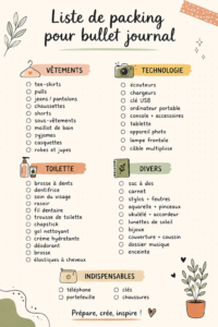 Un bullet journal ouvert avec une checklist de voyage écrite à la main, décoré de dessins