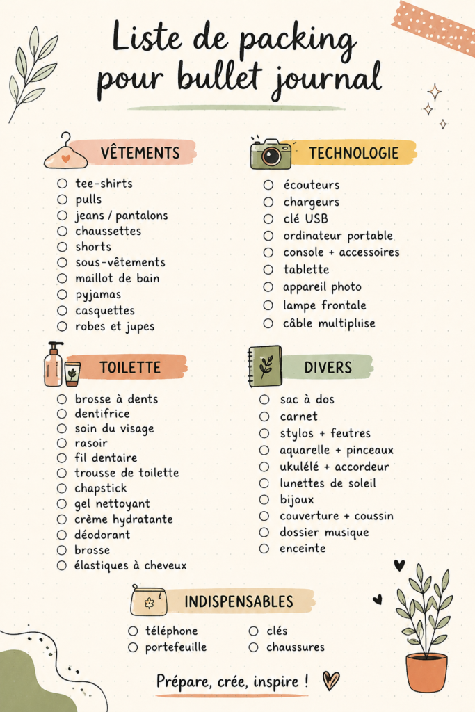 Un bullet journal ouvert avec une checklist de voyage écrite à la main, décoré de dessins