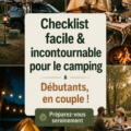 Une femme souriante devant une tente de camping, entourée de nature, avec une checklist de camping à la main.