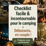 Une femme souriante devant une tente de camping, entourée de nature, avec une checklist de camping à la main.