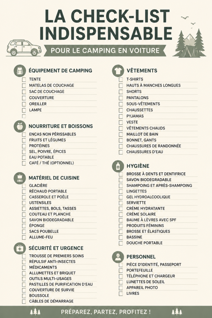 Liste d'essentiels pour le camping en voiture avec une vue de nature