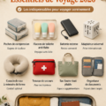 Une checklist de voyage sur un bureau avec des articles essentiels éparpillés, comme une valise ouverte.
