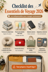 Une checklist de voyage sur un bureau avec des articles essentiels éparpillés, comme une valise ouverte.
