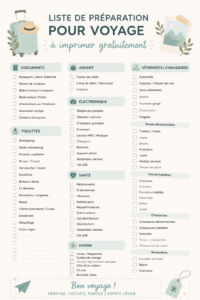 Illustration d'une checklist de voyage imprimable sur un bureau avec des valises en arrière-plan.