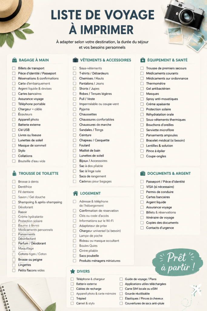 Checklist de voyage organisée sur une table en bois avec des accessoires de voyage