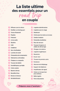 Couple en voiture pendant un road trip, souriant et heureux