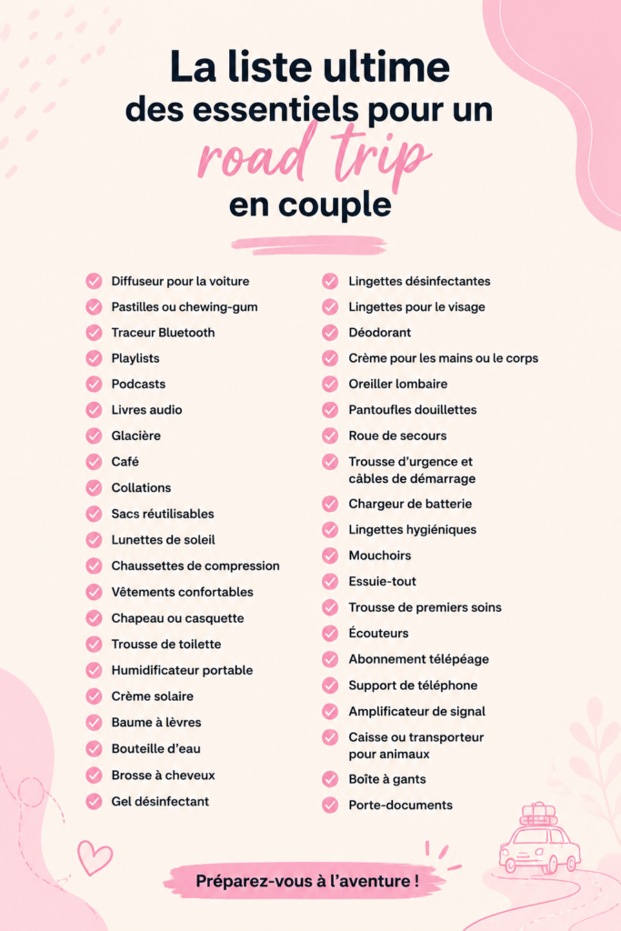 Couple en voiture pendant un road trip, souriant et heureux