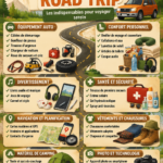Femme souriante préparant son voyage en voiture, entourée d'essentiels de road trip