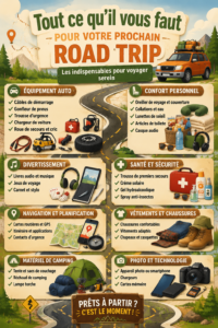 Femme souriante préparant son voyage en voiture, entourée d'essentiels de road trip