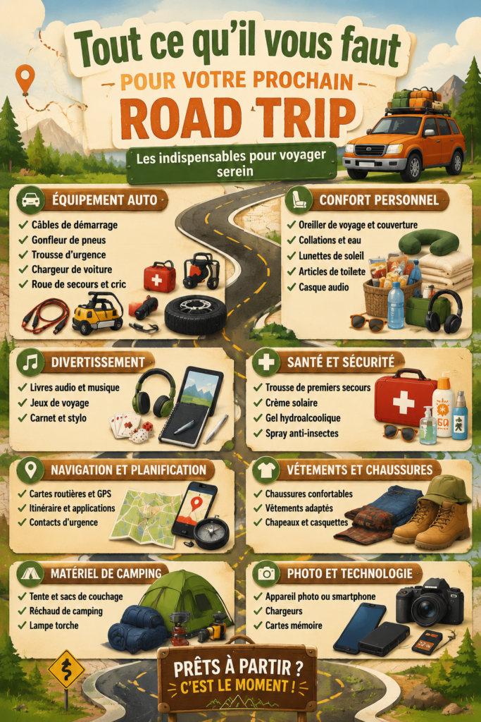 Femme souriante préparant son voyage en voiture, entourée d'essentiels de road trip