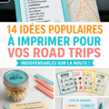 Imprimables colorés pour road trip avec une carte et une liste de contrôle, sur une table en bois.